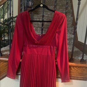 ASOS Red Long-Sleeve Pleated V-Neck Dress